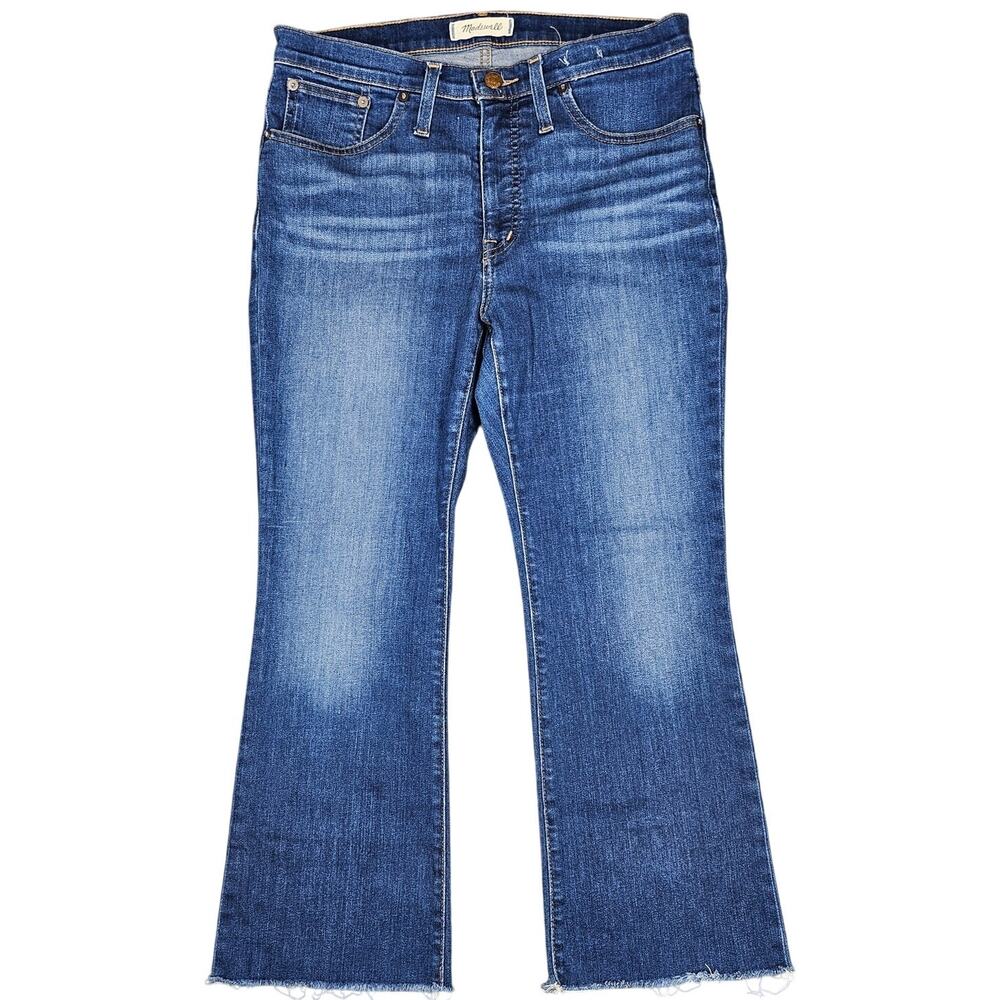 MADEWELL WOMEN'S CALI DEMI‑BOOT JEANS – SIZE 29P – BLUE DENIM - DISTRESSED HEM